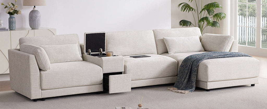 L-Shaped sectional sofa with modular design, built-in storage, and charging station, styled in a cozy, modern living room setting.