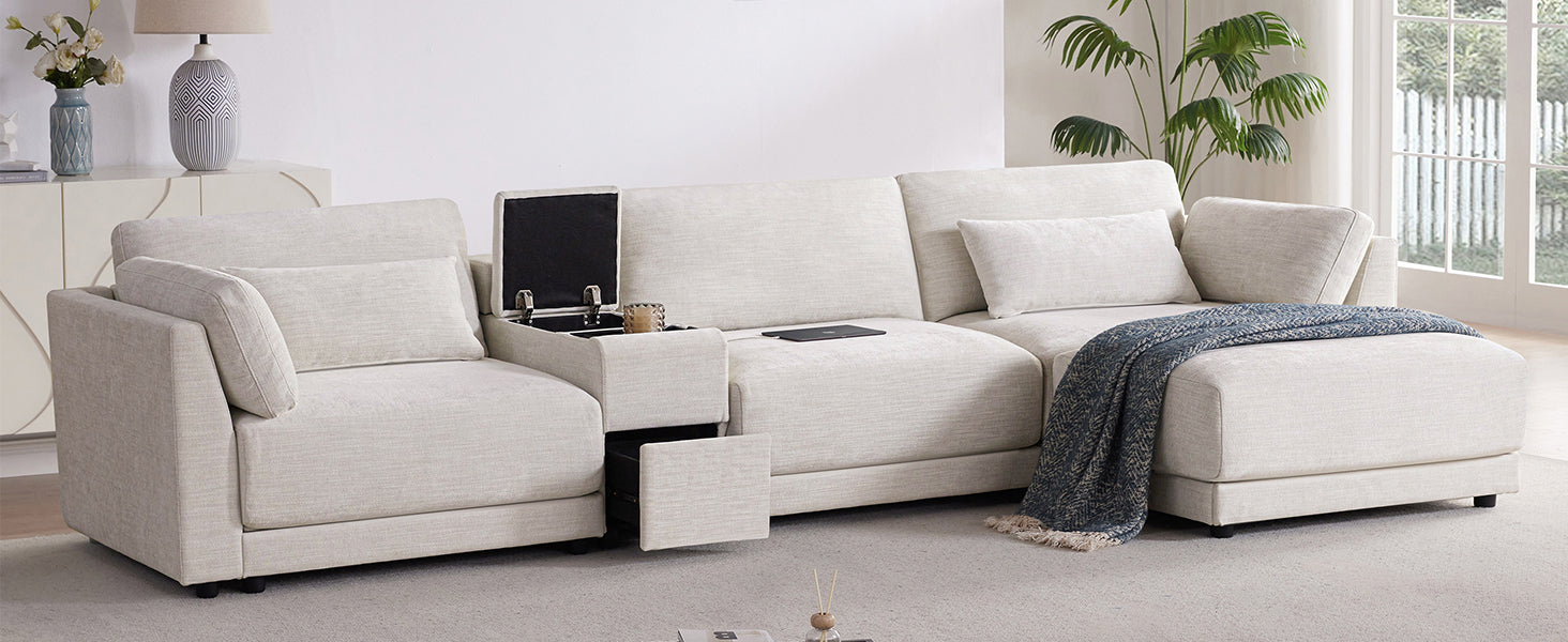 L-Shaped sectional sofa with modular design, built-in storage, and charging station, styled in a cozy, modern living room setting.