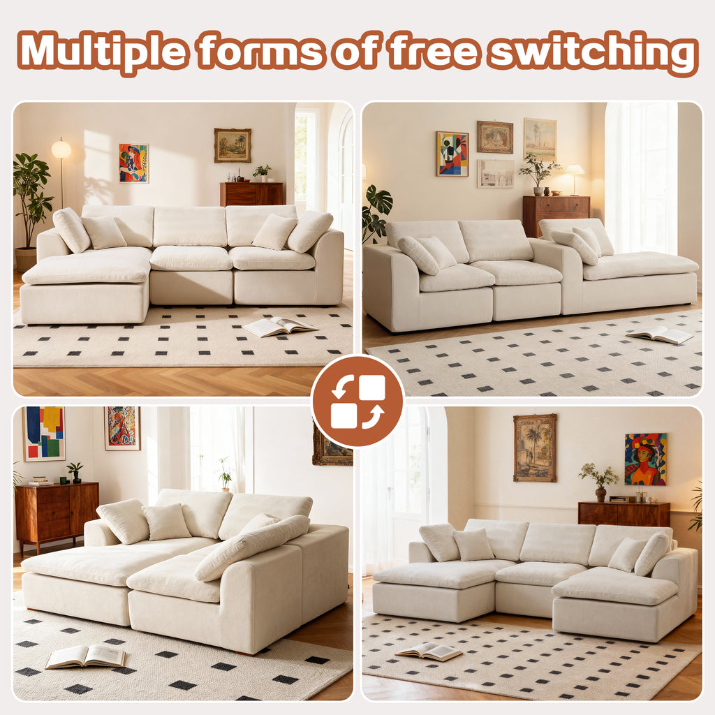 L-Shaped Sectional Sofa - Modern Corduroy Couch shown in four modular configurations, highlighting its versatile and customizable design.