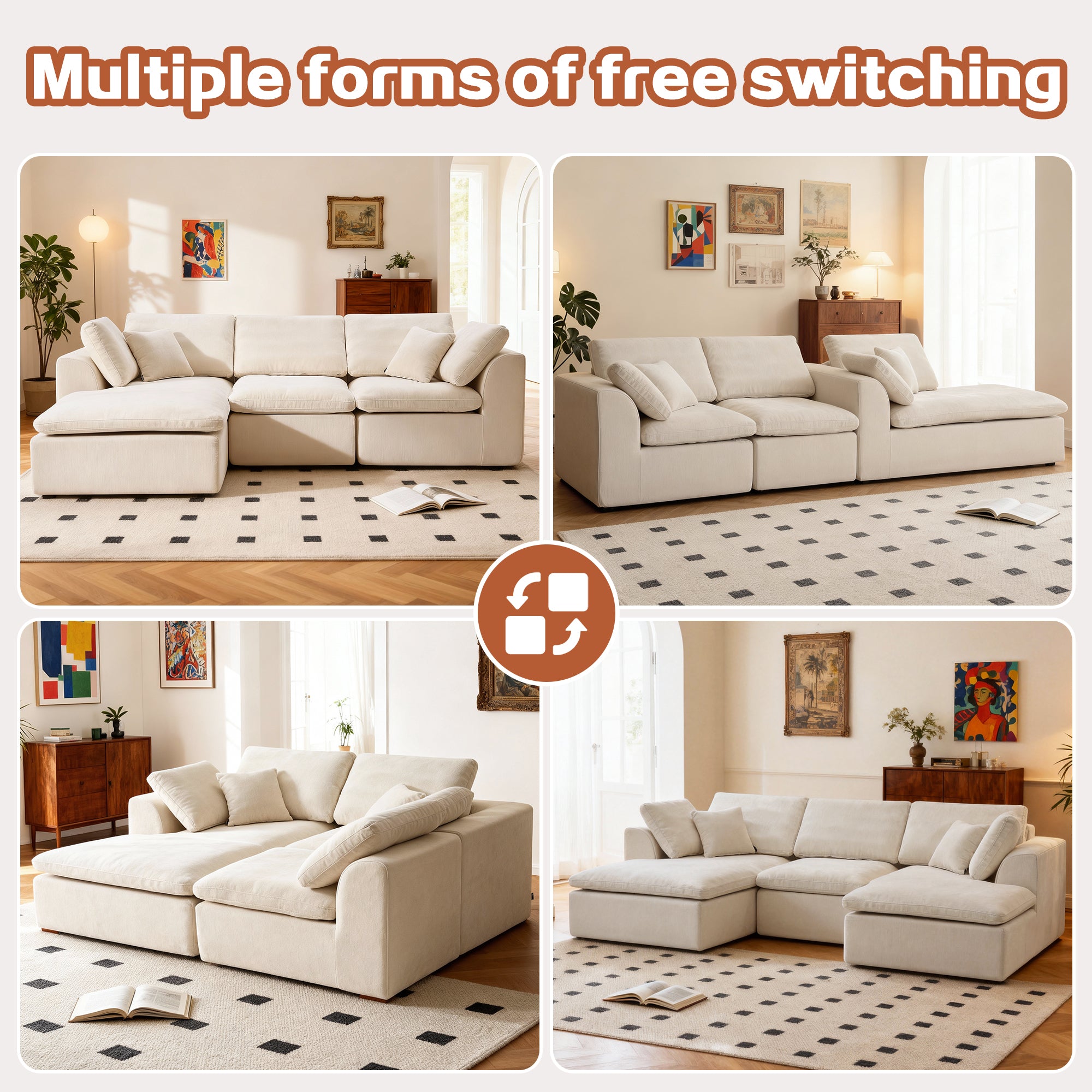 L-Shaped Sectional Sofa - Modern Corduroy Couch shown in four modular configurations, highlighting its versatile and customizable design.