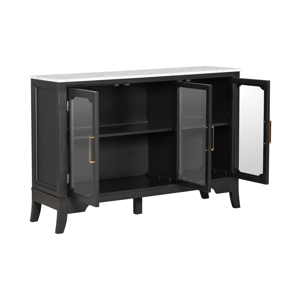 Black and white storage cabinet with open glass doors revealing adjustable shelves, ideal for modern home organization.