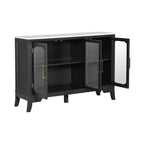 Black and white storage cabinet with open glass doors revealing adjustable shelves, ideal for modern home organization.