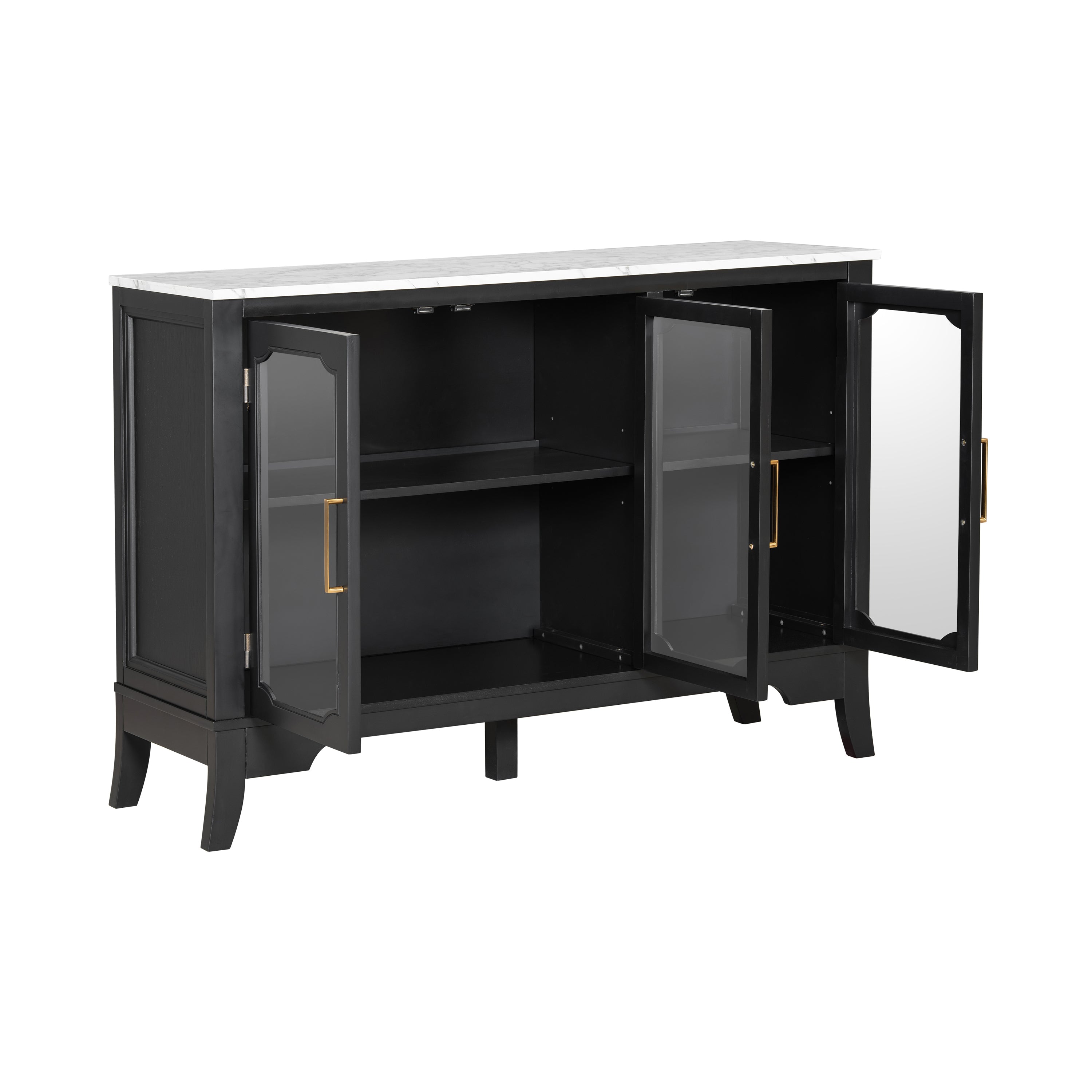 Black and white storage cabinet with open glass doors revealing adjustable shelves, ideal for modern home organization.
