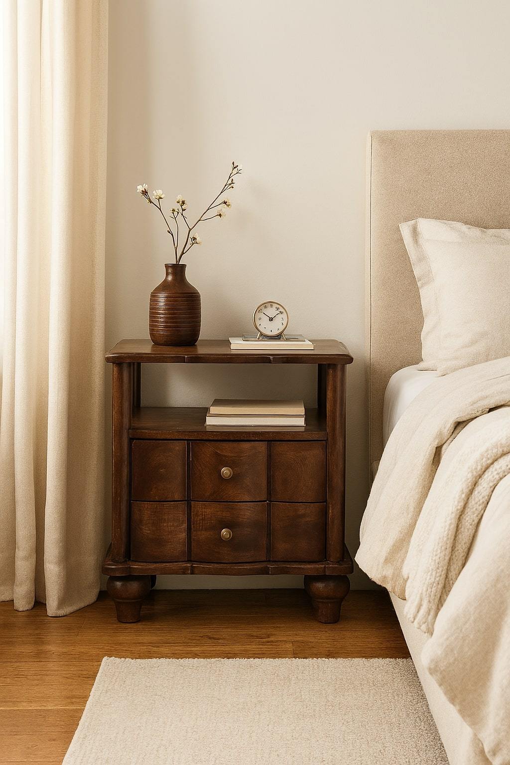 Brown solid wood nightstand with two drawers, an open shelf, and turned bun feet in a cozy, neutral-toned bedroom.