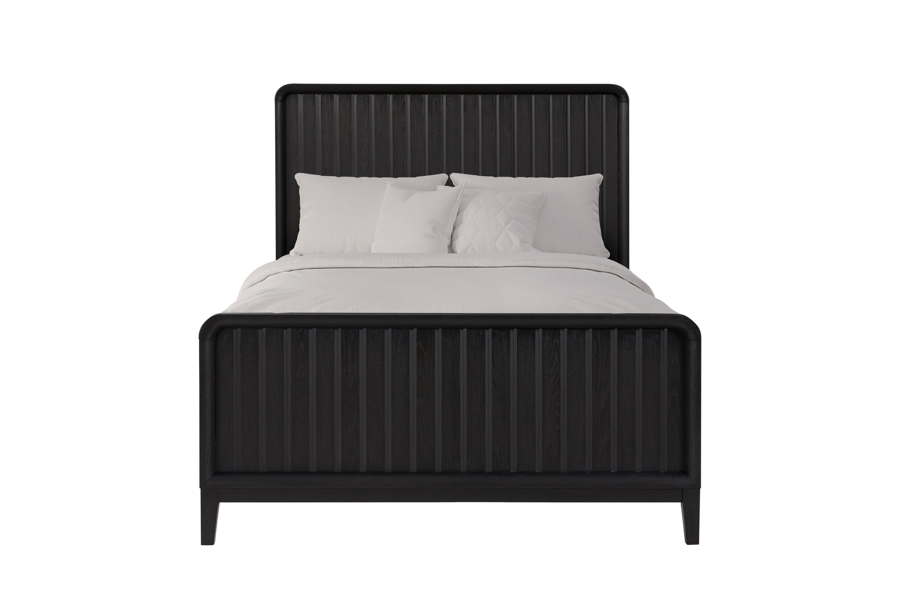 Full Bed - Peppercorn with vertical panel detailing and solid wood durability, shown with white bedding for modern bedroom appeal.