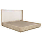 Beige oak queen bed frame with a wingback design and neutral upholstered headboard in a modern wooden construction.