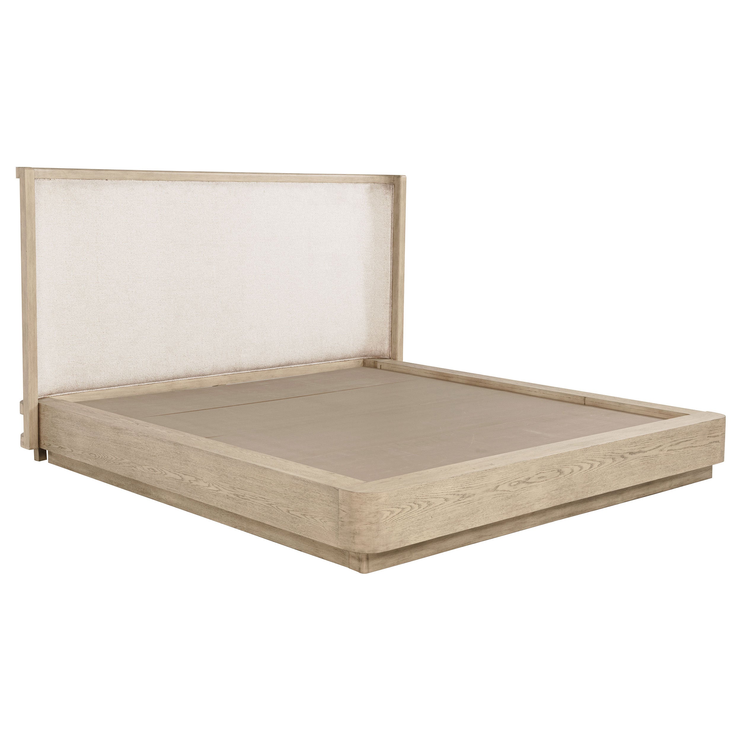 Beige oak queen bed frame with a wingback design and neutral upholstered headboard in a modern wooden construction.