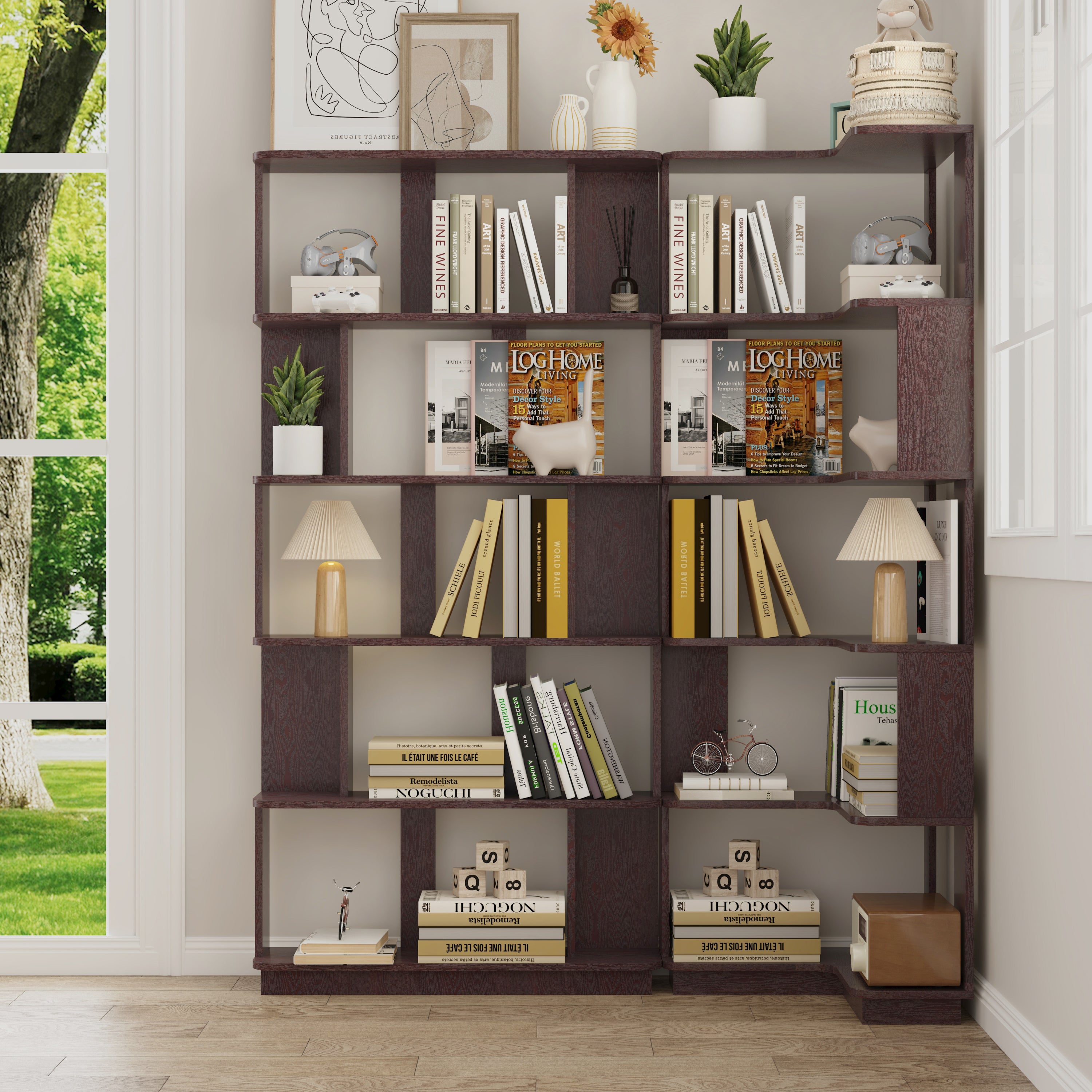 Set of 2 Modern Ox Blood Red MDF Space Saving Corner Bookshelves