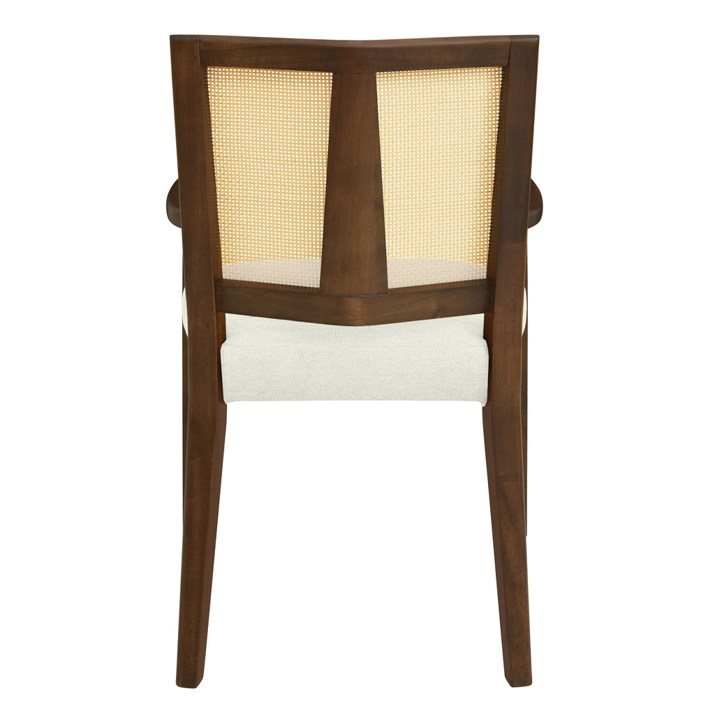 Back view of Mid-Century Rattan Dining Chair featuring a dual-panel rattan design framed in rich wood for a classic mid-century style.