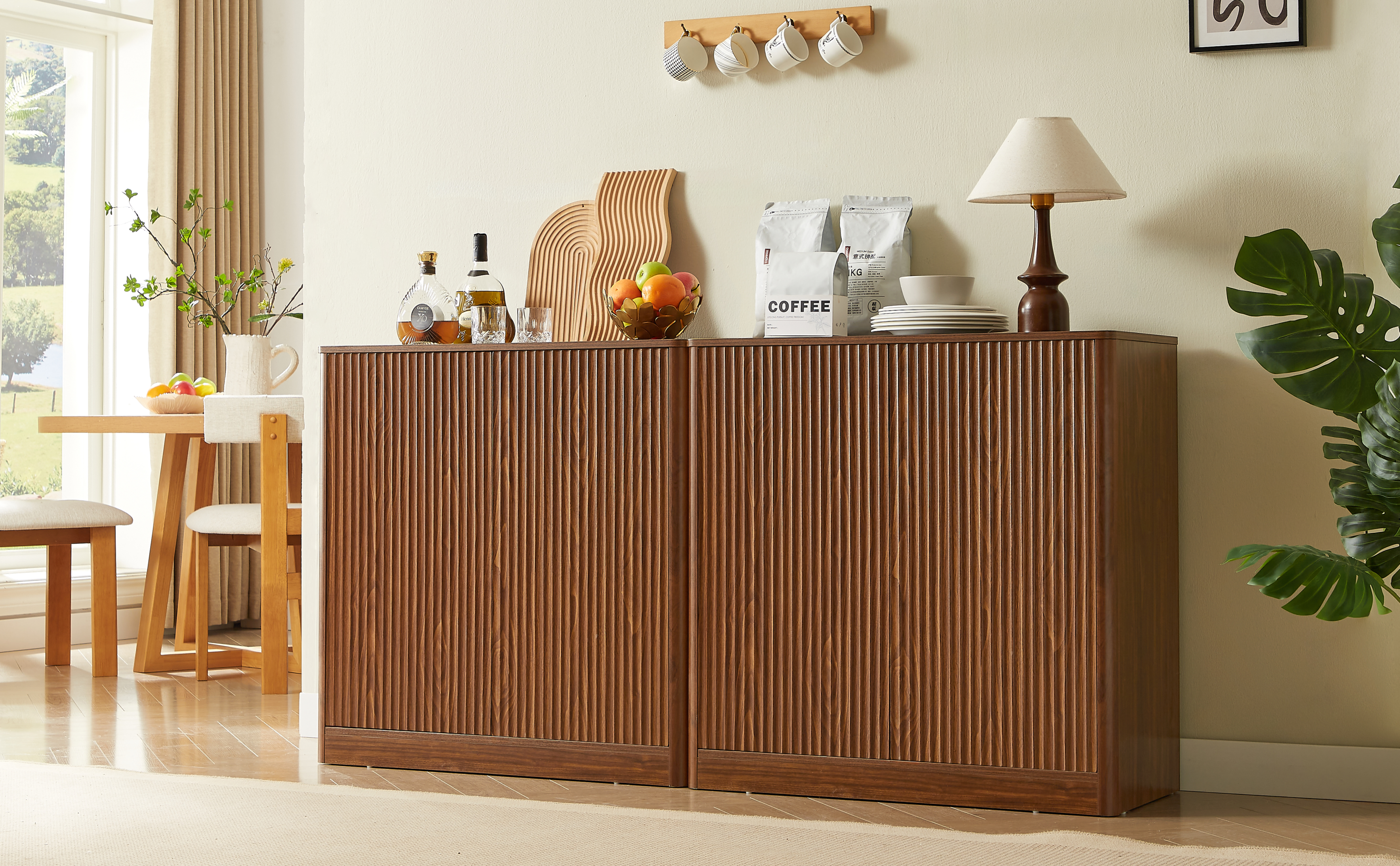 Walnut 31.5-inch Sideboard Cabinet with Curved Design.