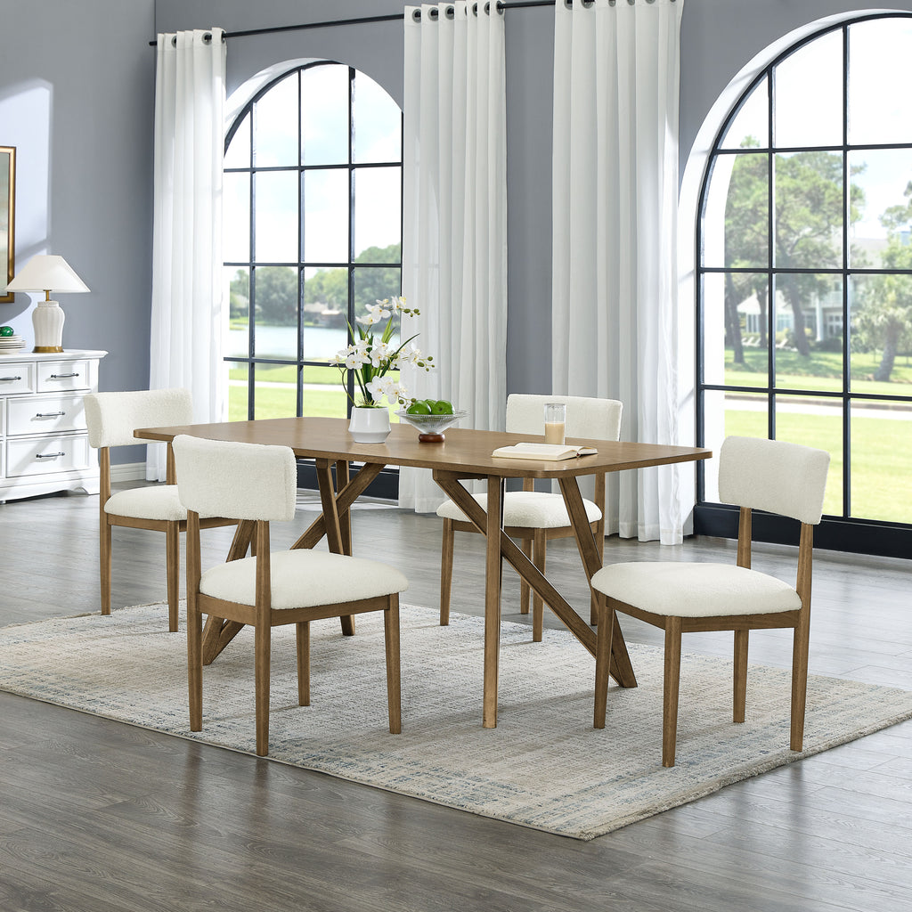 Darla Dining Set - Walnut Oak Dining Set with 70” table and 4 padded chairs in a bright dining room. Ideal for family meals or gatherings.