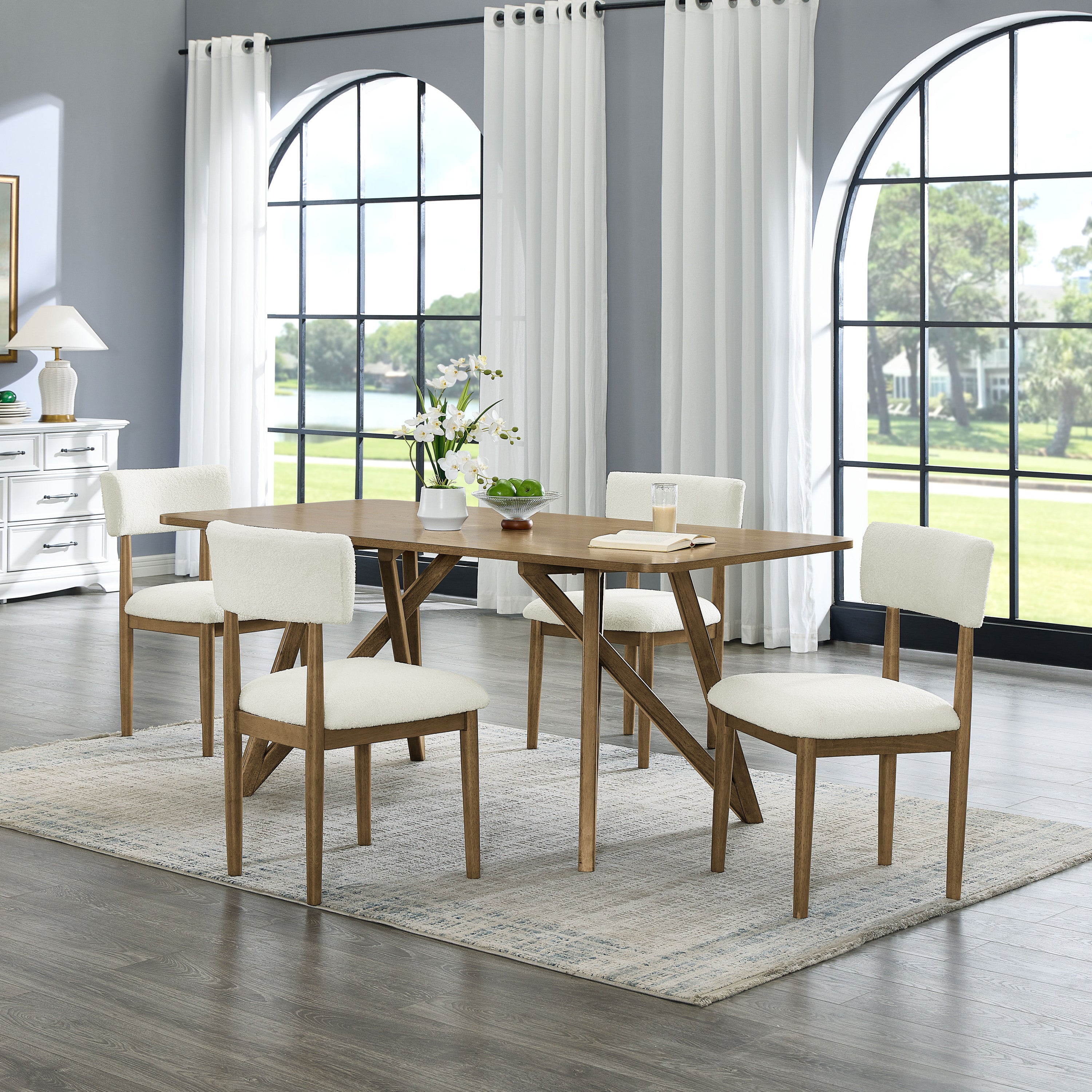 Darla Dining Set - Walnut Oak Dining Set with 70” table and 4 padded chairs in a bright dining room. Ideal for family meals or gatherings.