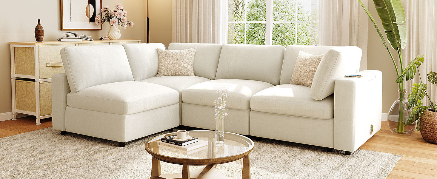 Modular Sofa with Charging - Storage | Chenille, 4 Seats in L-shaped configuration, blending comfort and smart features for modern homes.
