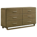 Modern 64-inch six-drawer dresser in nutmeg brown wood with rounded corners and silver-toned arched drawer pulls.