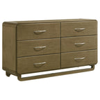 Modern 64-inch six-drawer dresser in nutmeg brown wood with rounded corners and silver-toned arched drawer pulls.