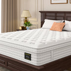 Side view of King Hybrid Mattress with memory foam and pocket springs, emphasizing 12'' thickness and fiberglass-free construction.