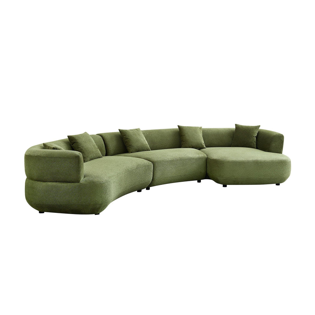 155.91 inch Curved Green Sectional Sofa with 5 Pillows.