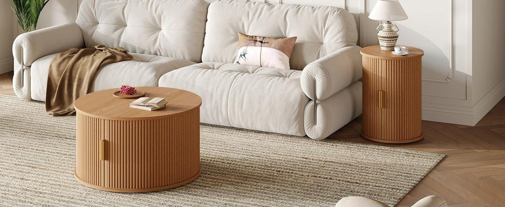 [Assembly Video]Mid-Century Coffee Table Set with Sliding Tambour Door, Round Fluted End Table With Storage, Golden Handle Tall & Low Side Table with Wooden Finish for Living Room, Set of Two ,Natural