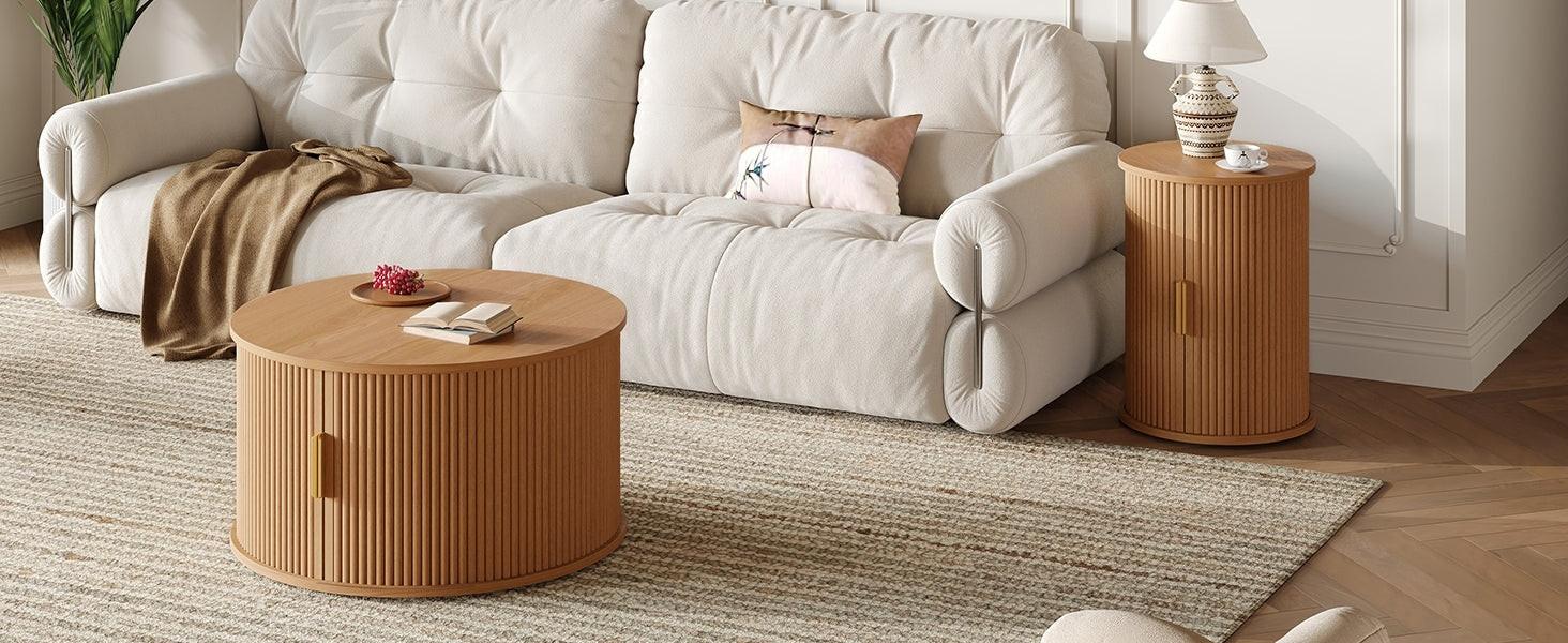 [Assembly Video]Mid-Century Coffee Table Set with Sliding Tambour Door, Round Fluted End Table With Storage, Golden Handle Tall & Low Side Table with Wooden Finish for Living Room, Set of Two ,Natural