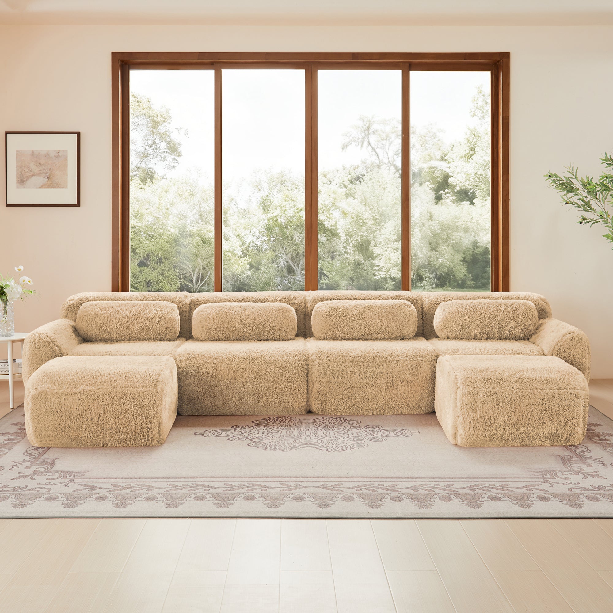 Spacious U-shaped modular sofa with plush fabric and ergonomic backrests, perfect for cozy and stylish living room setups.