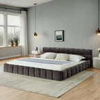 Dark gray chenille California King platform bed with a channel-tufted, upholstered headboard and low-profile frame.