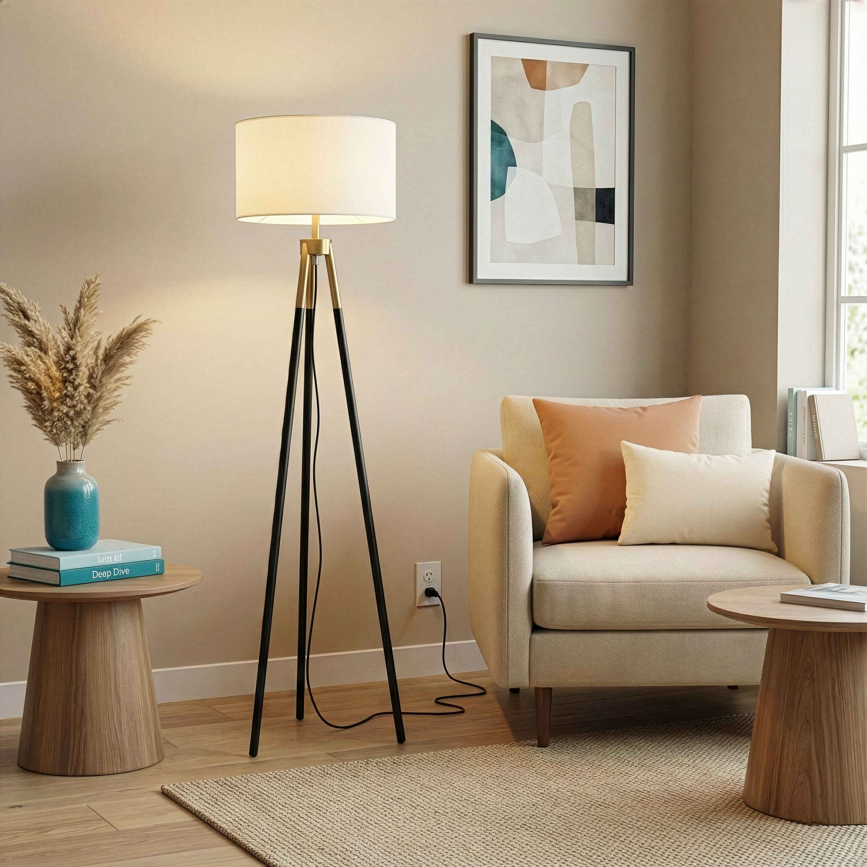 Modern tripod floor lamp with black metal legs, brass accents, and a cylindrical white fabric shade in a living room.