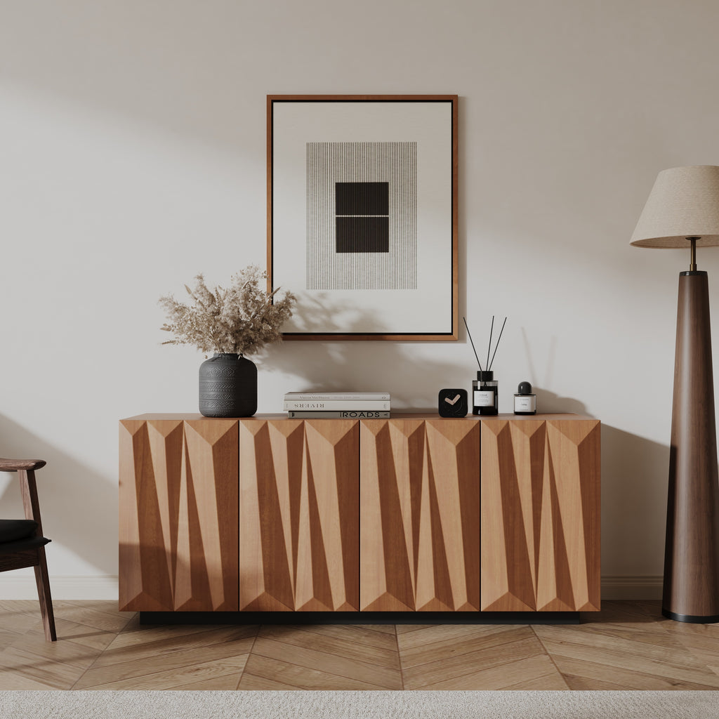 60-Inch Walnut Mid-Century Sideboard Buffet with 3D Textured Doors