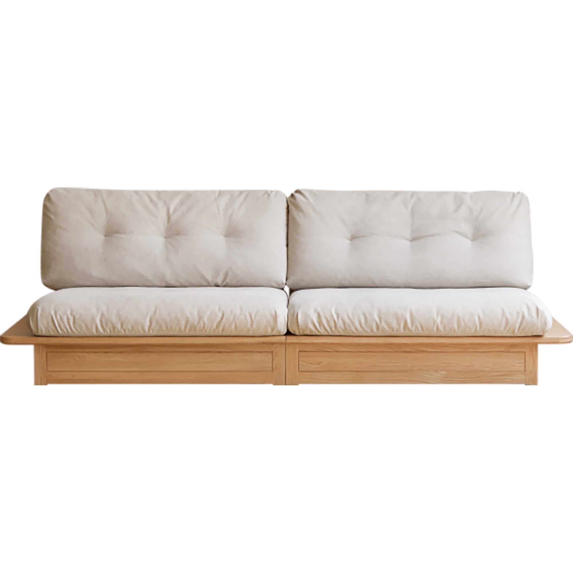 Solid wood sofa with beige removable cushions and built-in storage, showcasing elegant minimalist design for modern living rooms.