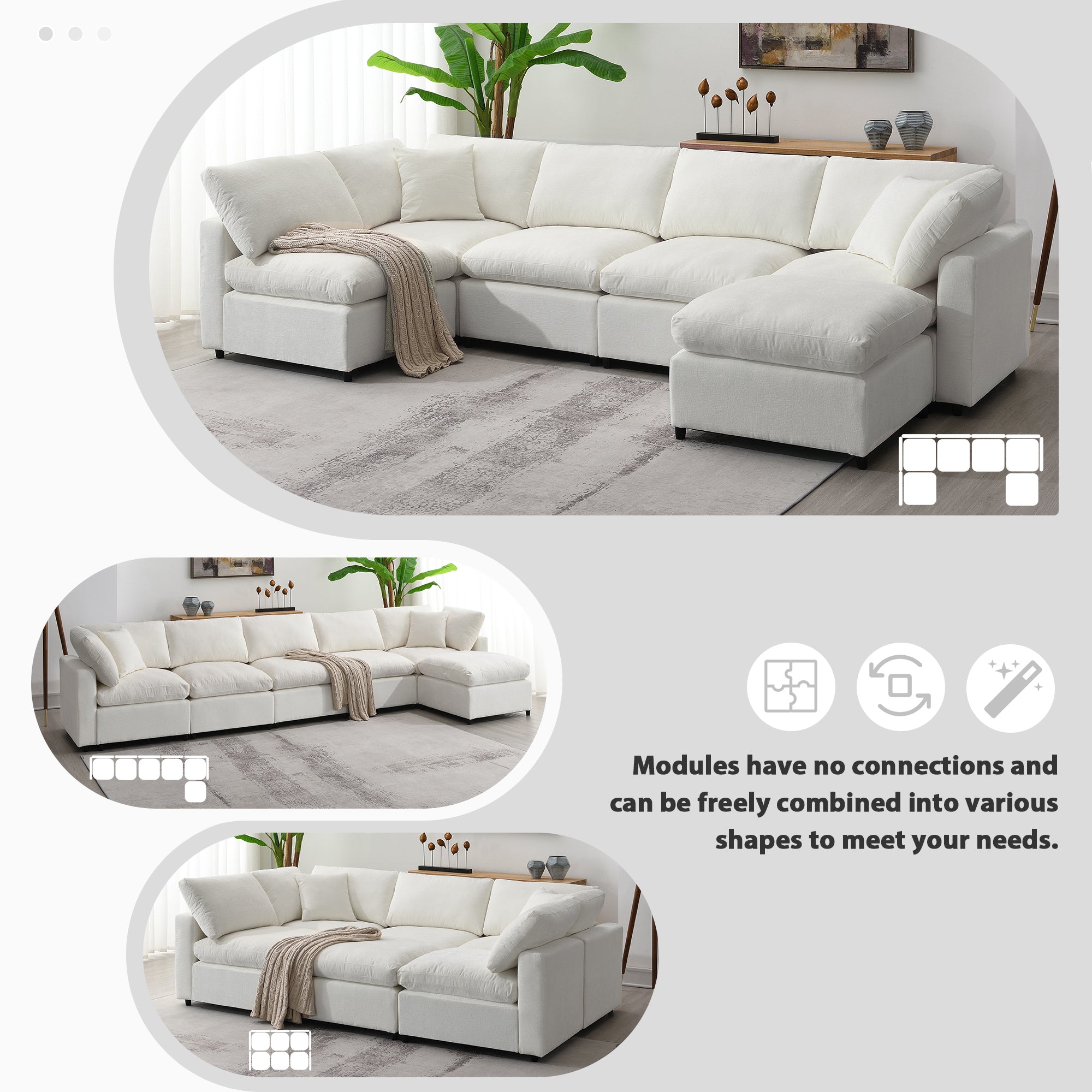 130' Modular Sofa Bed - Convertible 6 Seat Sectional shown in multiple configurations, highlighting its modular flexibility and layout options.