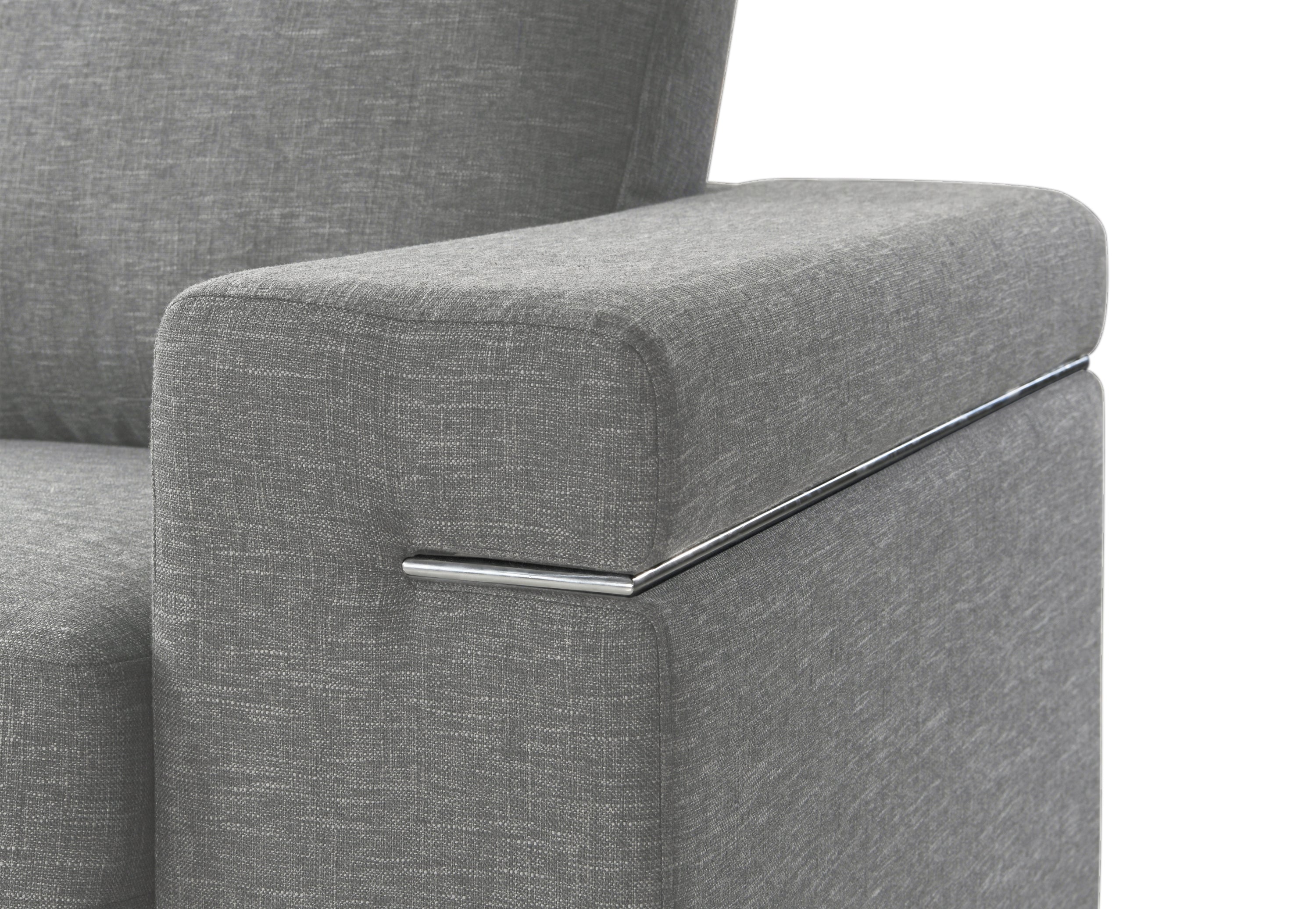 Armrest detail of Gianna gray woven fabric chair with chrome trim, blending comfort and modern elegance for living room furniture.