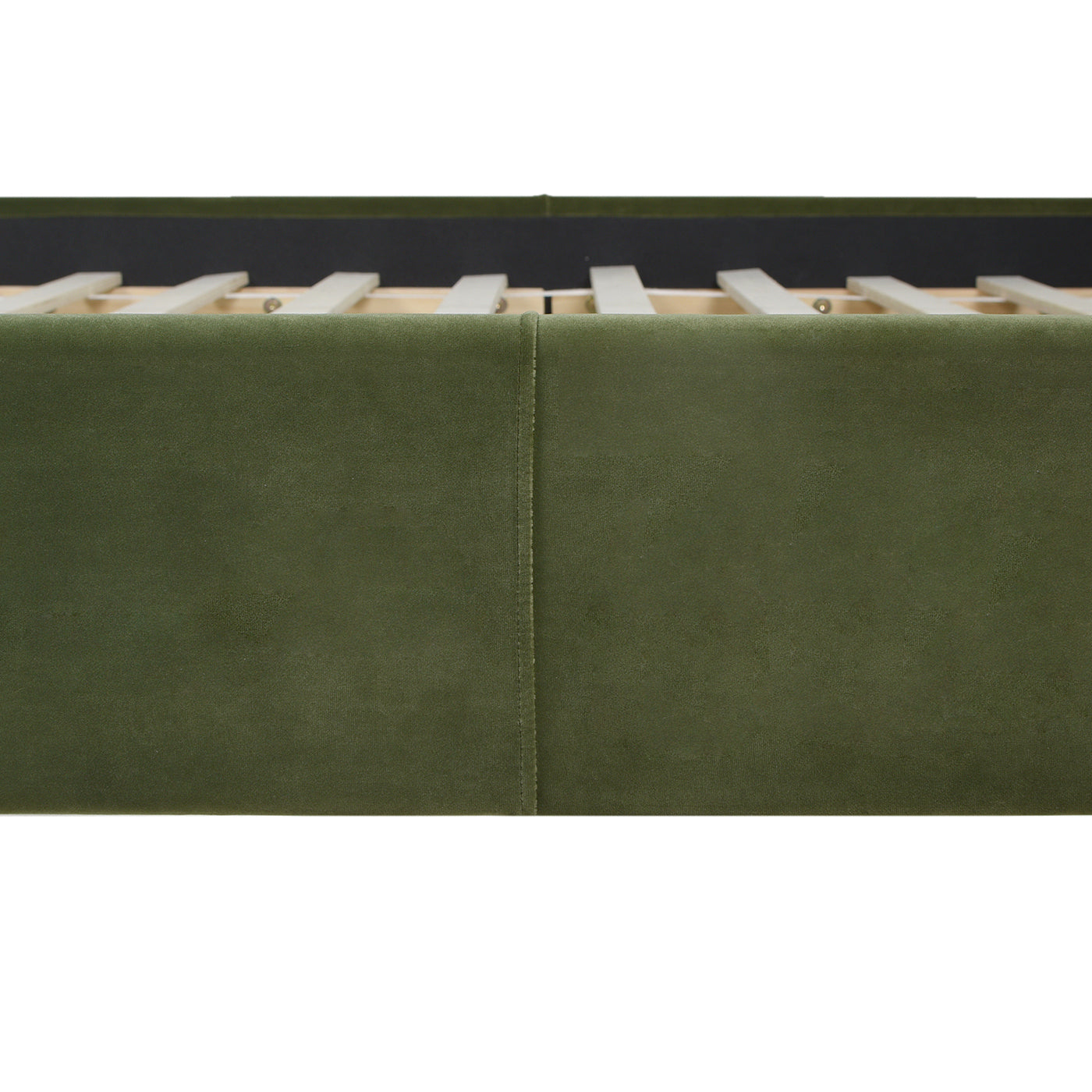 Side view of the olive green velvet bed frame showing wood slats and seamless upholstery on the Stockholm Modern king platform bed.