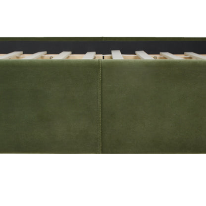 Side view of the olive green velvet bed frame showing wood slats and seamless upholstery on the Stockholm Modern king platform bed.