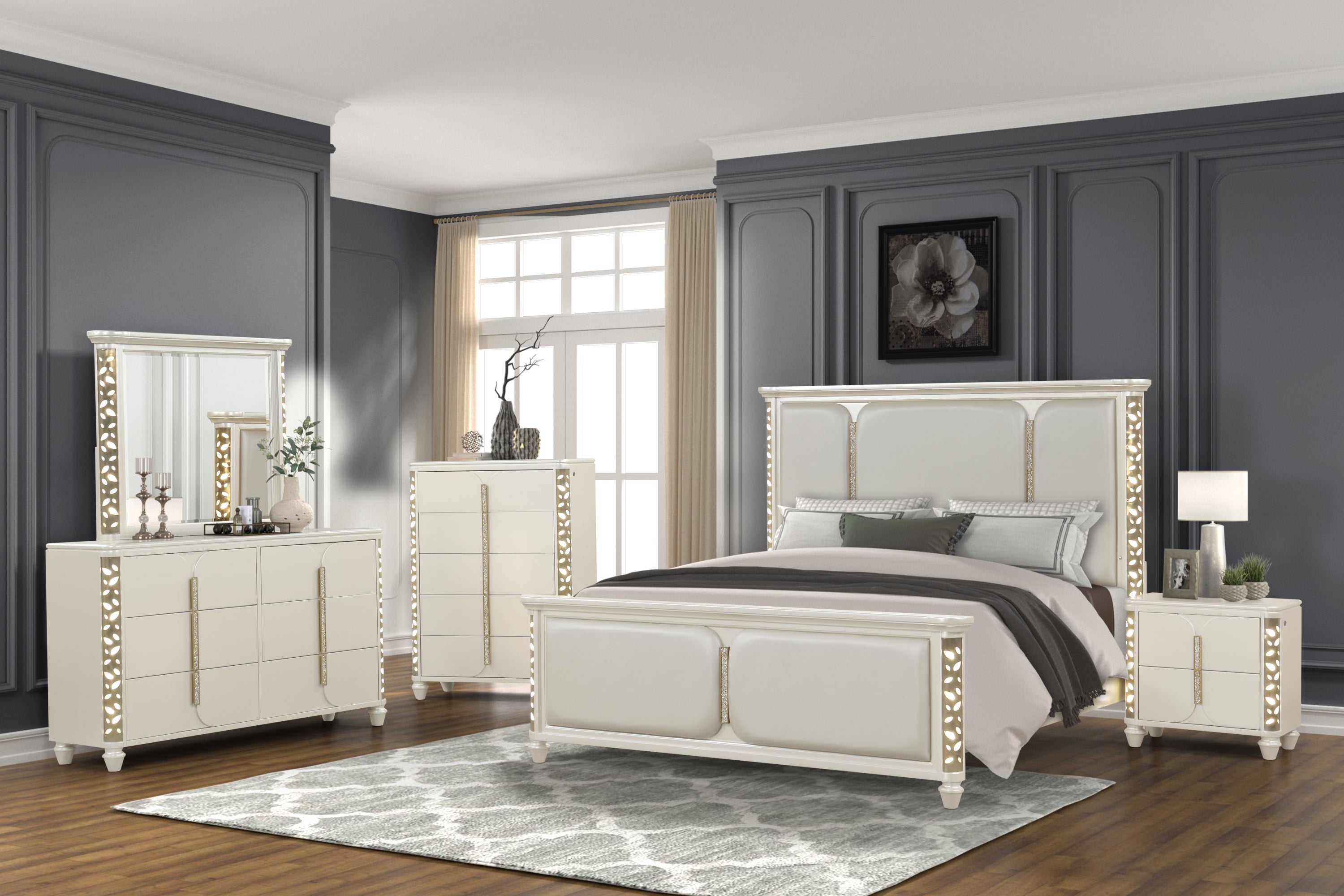 Cinderella Traditional 5 Pc King Bedroom Set with LED & Gold Accents