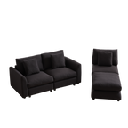 Modular sofa with ottoman in L-shaped layout, featuring 3 seat cushions and pillows in dark fabric, ideal for modern living rooms or apartments.
