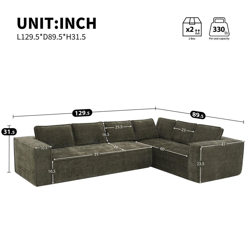 Detailed dimensions of the modular chenille sectional sofa, highlighting its 129.5-inch length and 89.5-inch depth for spacious seating.