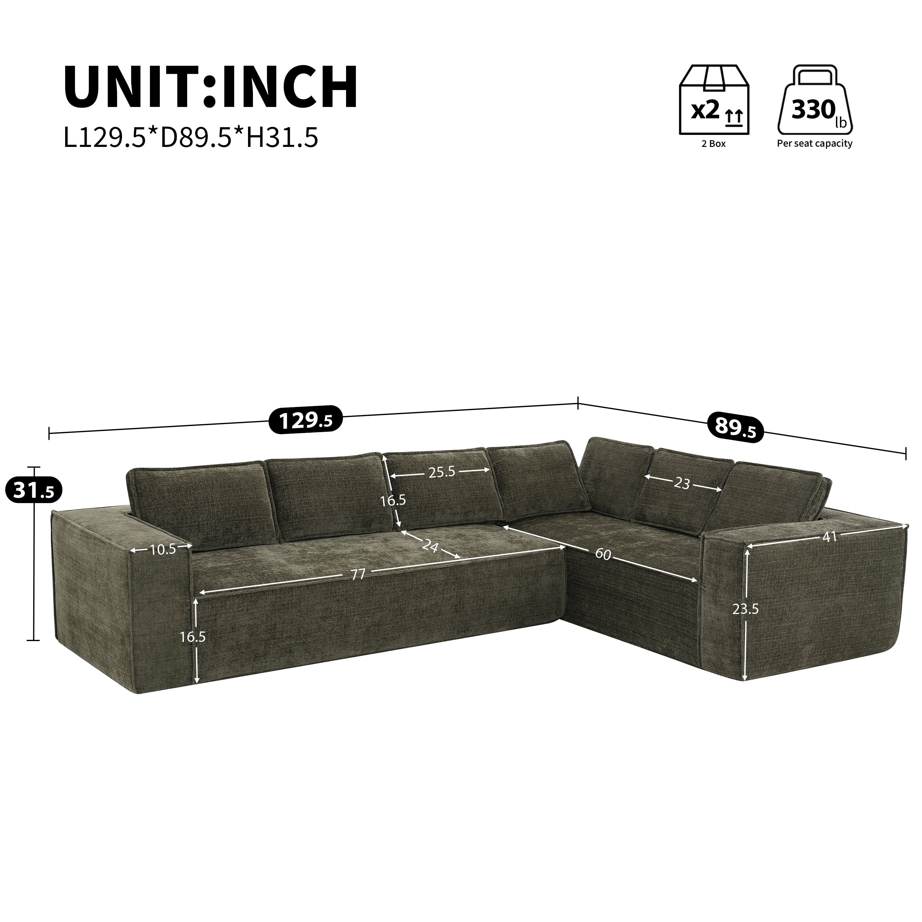 Detailed dimensions of the modular chenille sectional sofa, highlighting its 129.5-inch length and 89.5-inch depth for spacious seating.