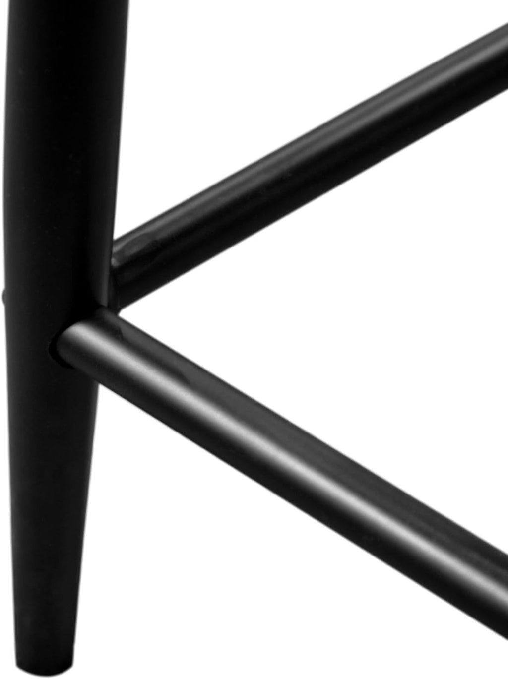 Close-up of the black metal leg and footrest bar on a contemporary counter height chair.