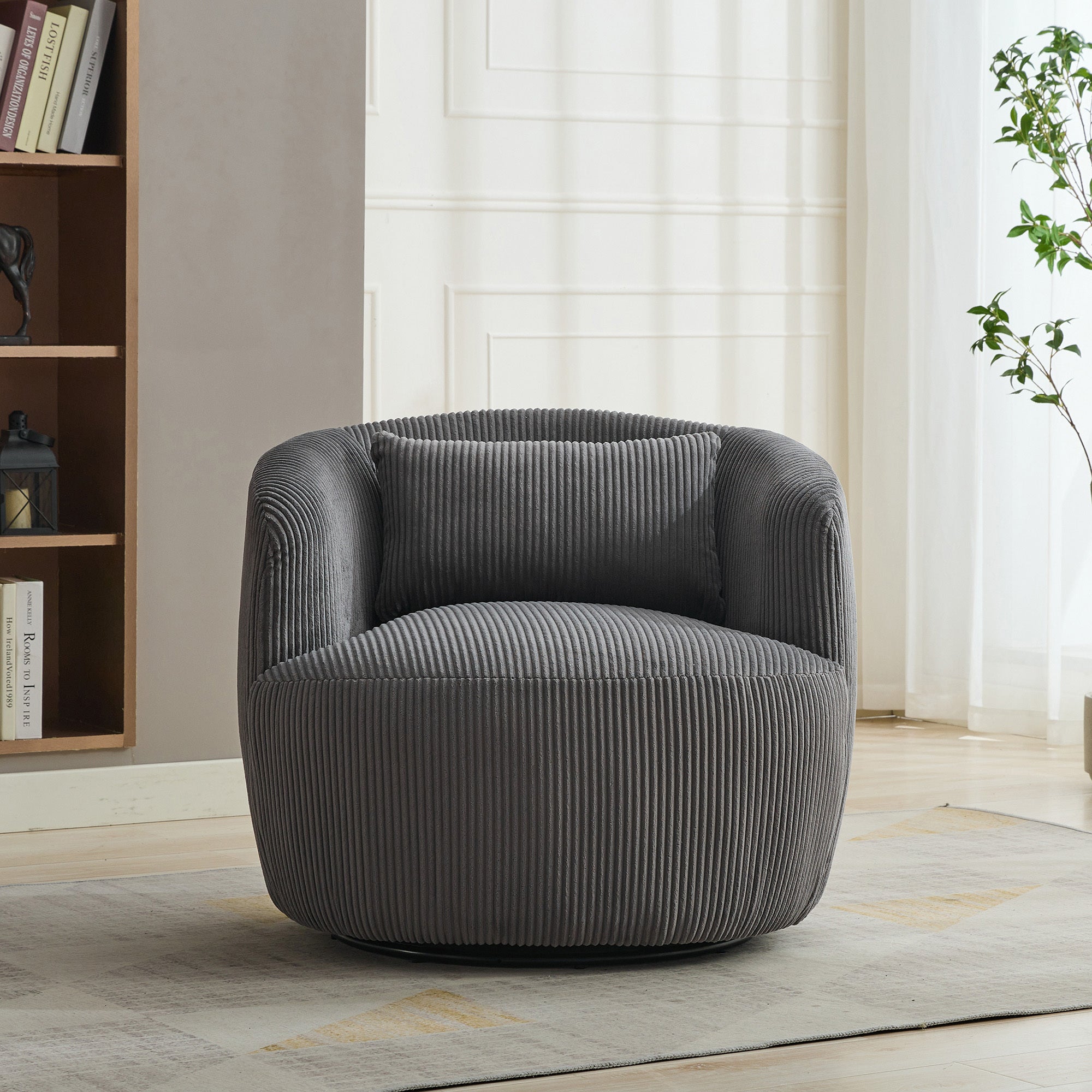 34.25 'Wide Upholstered Corduroy 360° Swivel Barrel Soft Accent Chair with Pillow, Circular Reading Armchair for Club, Living Room, Bedroom, Office, Lounge, Charcoal.