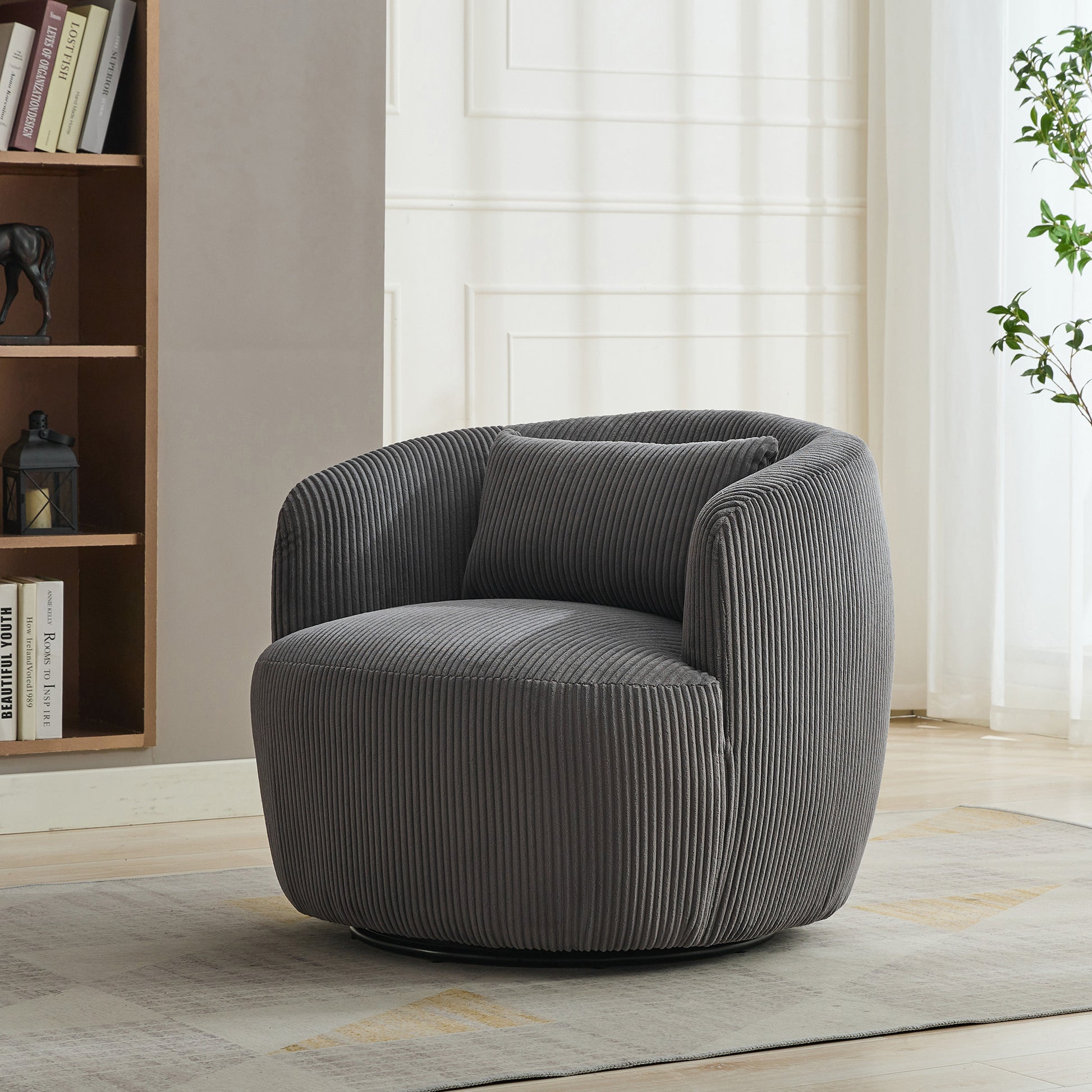 34.25 'Wide Upholstered Corduroy 360° Swivel Barrel Soft Accent Chair with Pillow, Circular Reading Armchair for Club, Living Room, Bedroom, Office, Lounge, Charcoal.