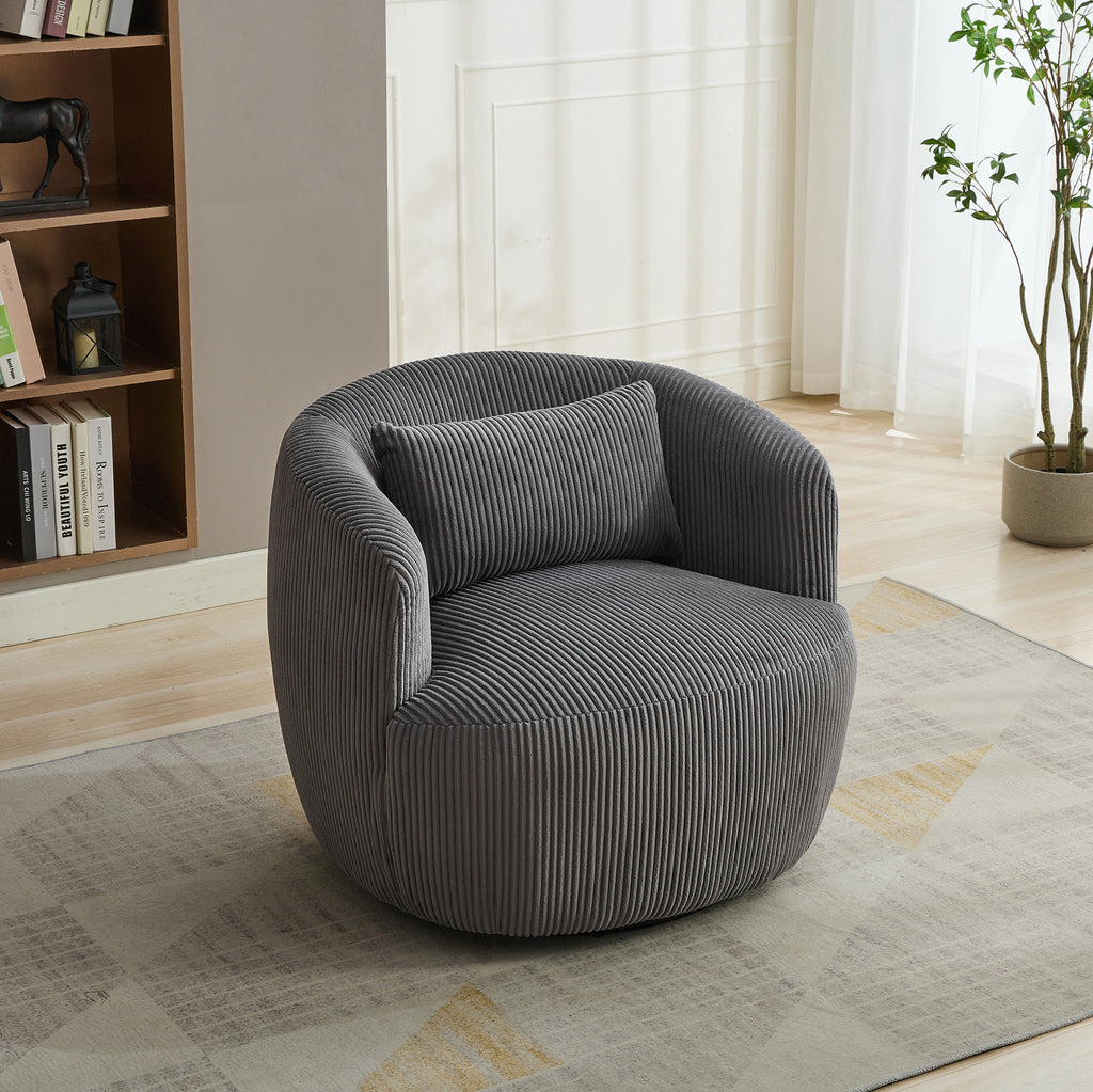 34.25 'Wide Upholstered Corduroy 360° Swivel Barrel Soft Accent Chair with Pillow, Circular Reading Armchair for Club, Living Room, Bedroom, Office, Lounge, Charcoal.