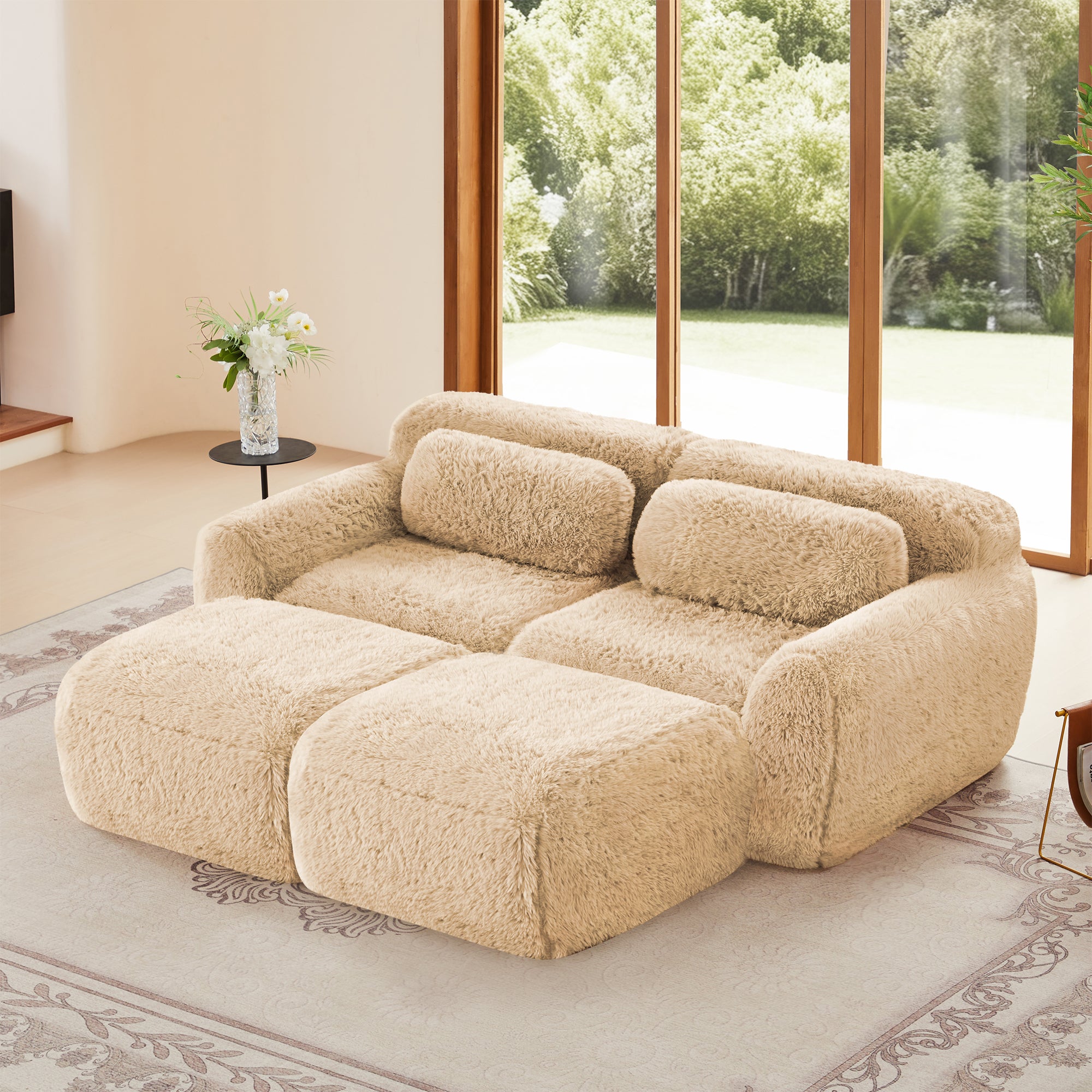 Modular sectional sofa plush fabric with ergonomic design, no assembly needed, placed in a bright living room with garden view.
