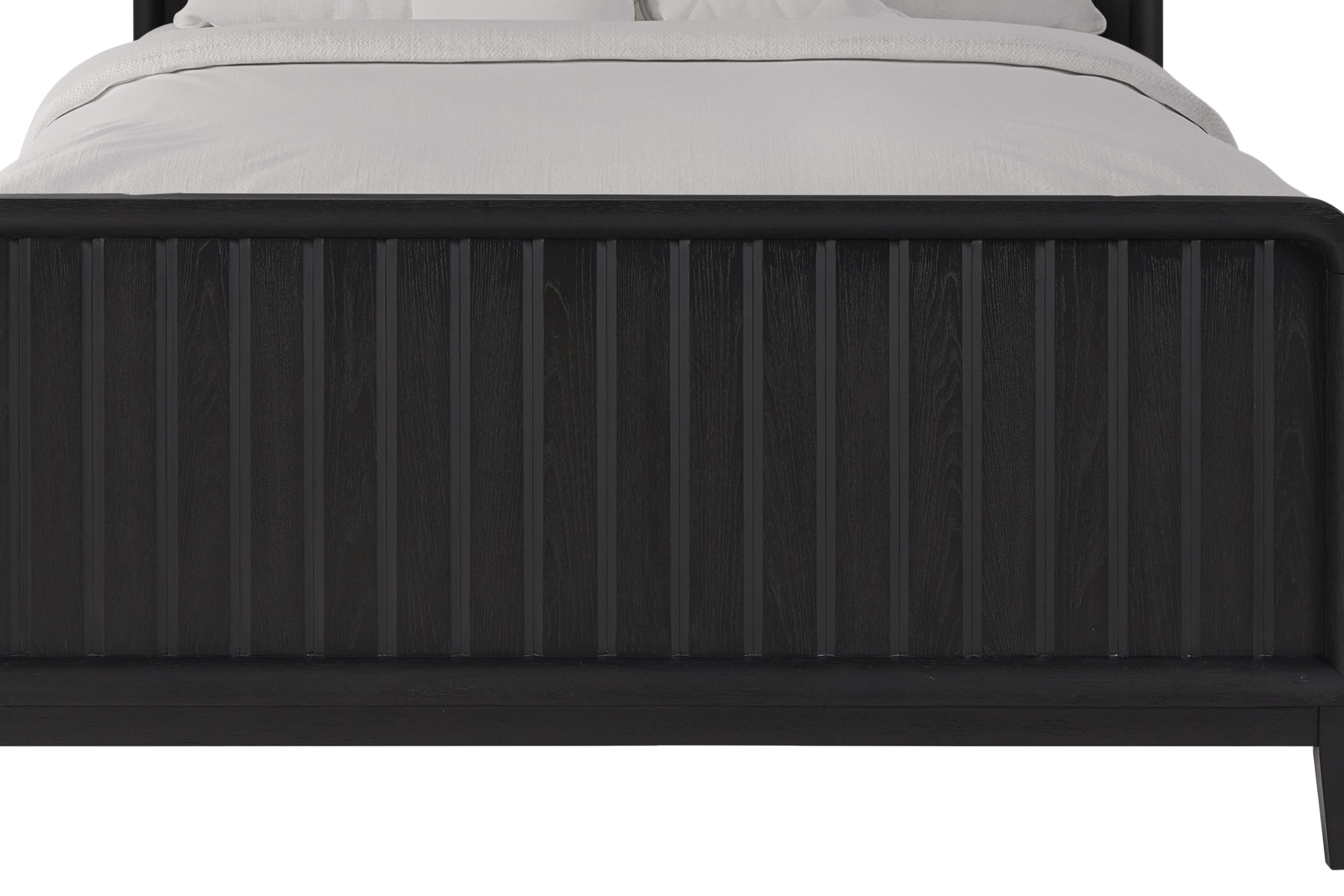 Close-up of the Peppercorn Twin Bed footboard featuring solid wood construction and bold vertical panel design in peppercorn finish.