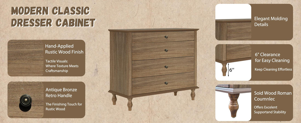 Antique 4-Drawer Chest - Solid Wood Dresser Storage.