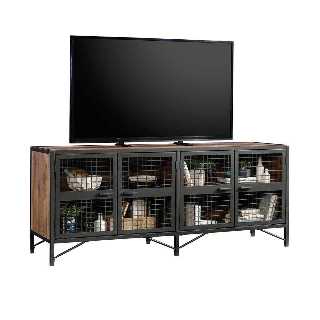 Side view of Industrial Brown TV Credenza with TV on top, showcasing metal frame and rustic wood finish for entertainment areas.