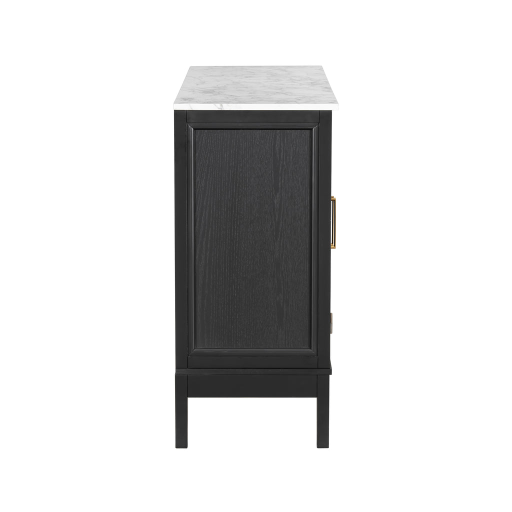 Side profile of black and white storage cabinet showing clean lines and wood grain texture, ideal for modern interiors.