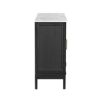 Side profile of black and white storage cabinet showing clean lines and wood grain texture, ideal for modern interiors.
