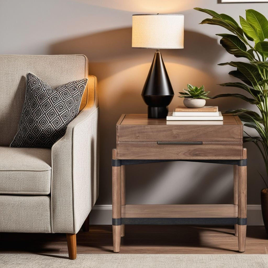 Walnut Finish Nightstand with Drawer and Shelf.