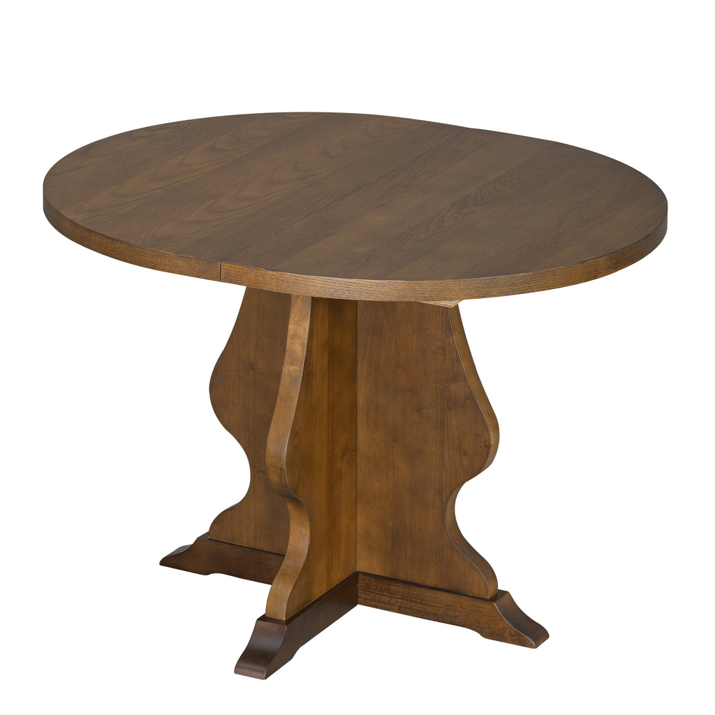 Rustic round farmhouse dining table with extendable leaf and elegant pedestal base, ideal for cozy and stylish dining spaces.