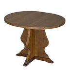 Rustic round farmhouse dining table with extendable leaf and elegant pedestal base, ideal for cozy and stylish dining spaces.