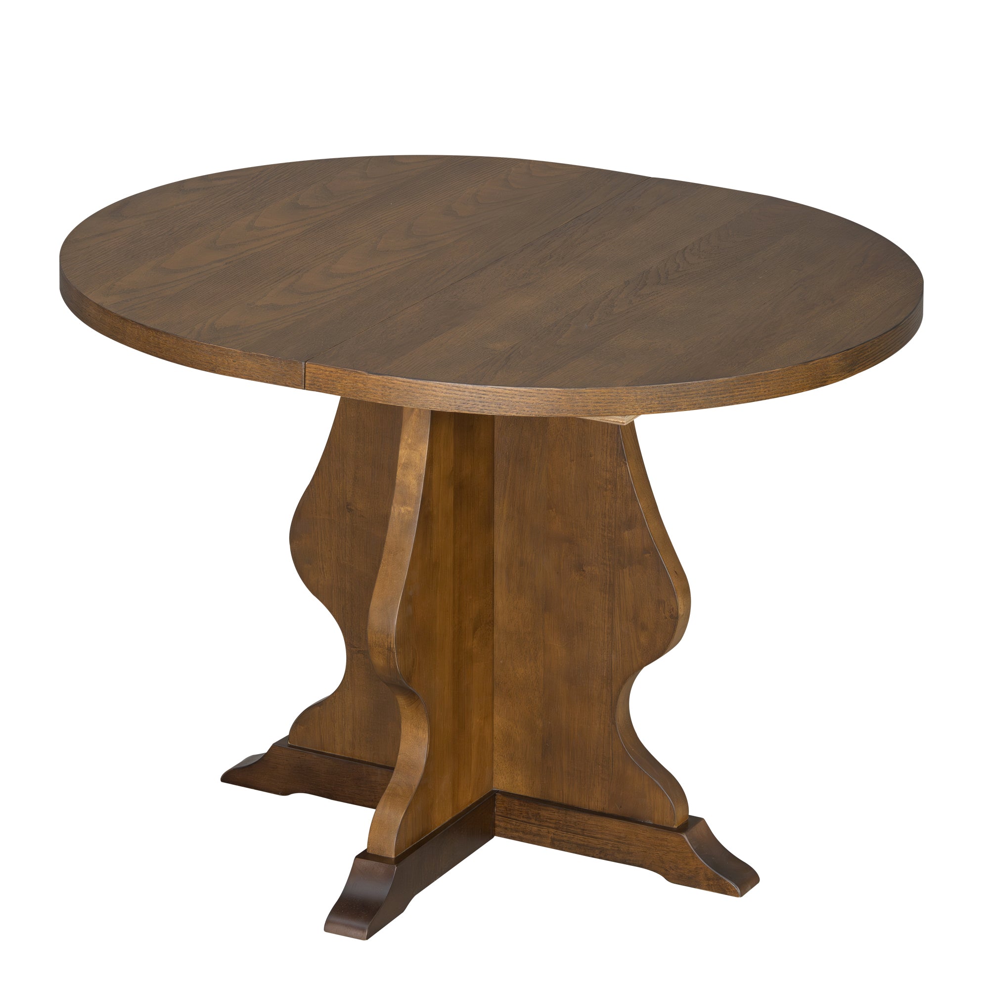 Rustic round farmhouse dining table with extendable leaf and elegant pedestal base, ideal for cozy and stylish dining spaces.